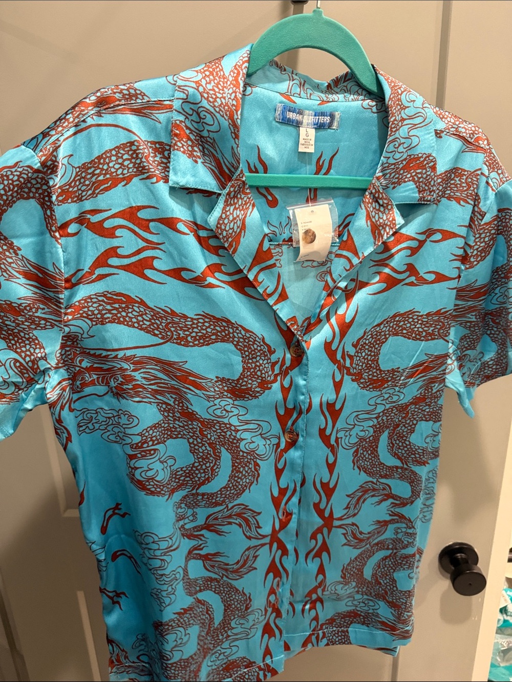 Urban Outfitters Turquoise & Rust Dragon Print Short Sleeve Shirt